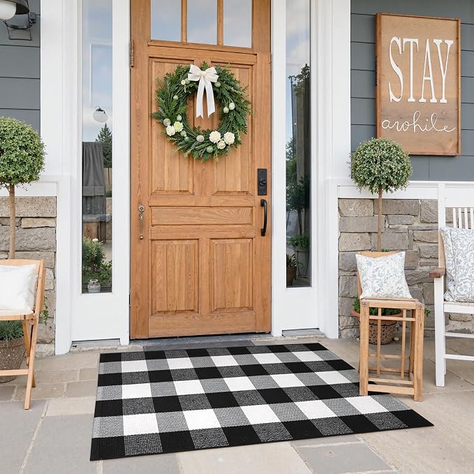 KIMODE Front Door Mat Buffalo Plaid Outdoor Rug 27.5"x43" Black and White Checkered Rug Farmhouse Front Porch Rug Outdoor Fall Decor Cotton Woven Washable Layered Door Mats