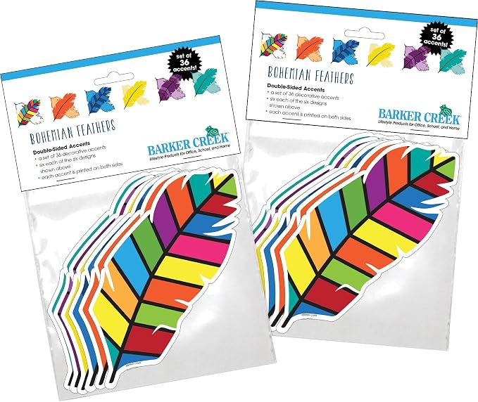 Barker Creek Double-Sided Cut-Outs 2-Pack, Bohemian Feathers, School Accents, Bulletin Boards, Party Decorations, Office, Home Learning, Classroom Decor, 7.5" Long, 72 per Set (4422)