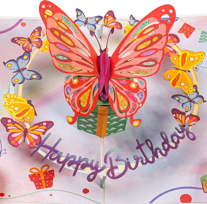 Paper Love Birthday Pop Up Cards 2 Pack - Includes 1 Birthday Butterfly and 1 Butterfly Birthday Cake, For Adults or Kids -5" x 7" Cover - Includes Envelope and Note Tag