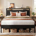 LIKIMIO Full Size Bed Frame with 2-Tier Storage Shelf Headboard | Dark Wood Platform Bed, Camas Full with Strong Metal Supports, Sturdy, Noise-Free, No Box Spring Needed, Black
