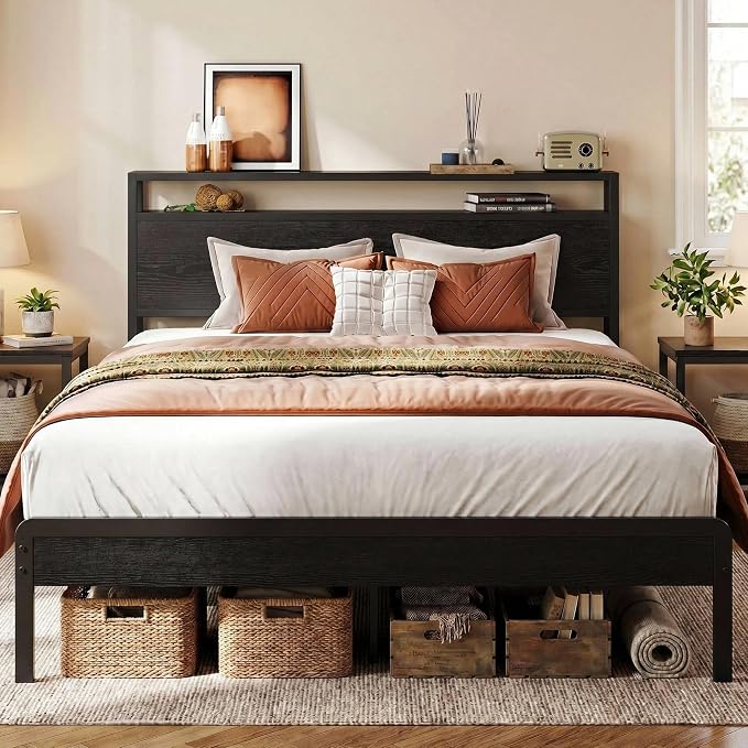 LIKIMIO Full Size Bed Frame with 2-Tier Storage Shelf Headboard | Dark Wood Platform Bed, Camas Full with Strong Metal Supports, Sturdy, Noise-Free, No Box Spring Needed, Black