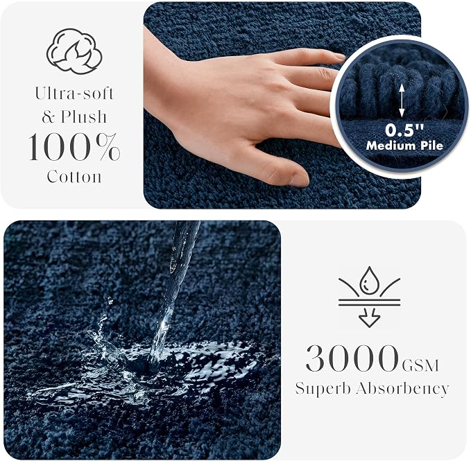 Madison Park Splendor Reversible 100% Cotton Bath Rug, 24 x 44, Navy | Tufted Bathroom Mat, 3000 GSM, Hotel Quality, Luxurious Plush, Medium Pile, Absorbent, Quick Dry, OEKO-TEX, Shower Room Décor