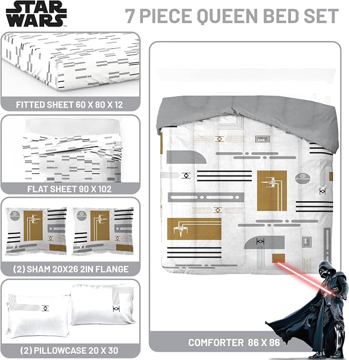 Jay Franco Star Wars Queen Comforter Set 7 Piece Soft Modern Bedding, White | Bed in a Bag, Comforter Sheets Shams Pillowcases, Official Product, Soft Microfiber, Machine Washable, Fan Gift