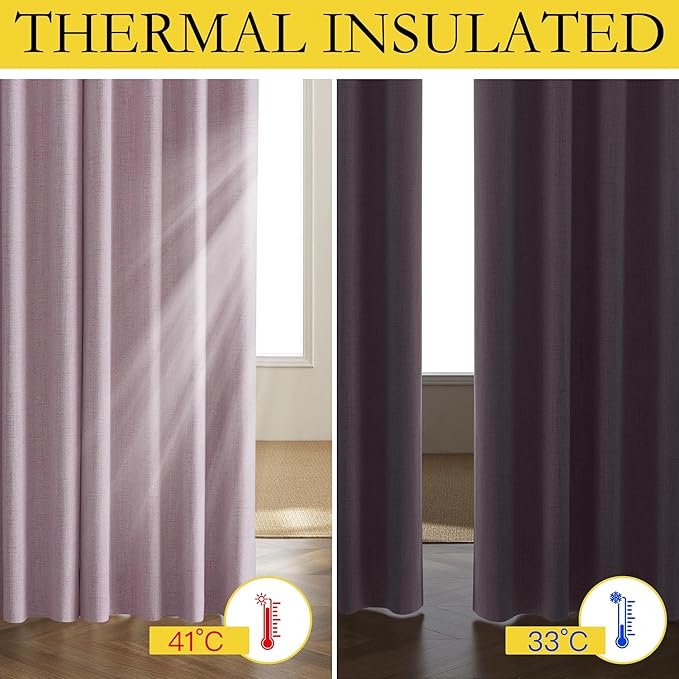 NICETOWN Pink Vintage Linen 100% Blackout Curtains for Living Room, Thermal Insulated Curtains 84“ Long, Noise Reducing Window Treatment Drapes for Hall Room, 52" Wide Per Panel, Set of 2