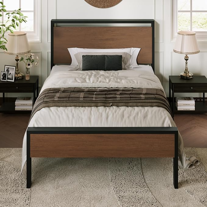 Allewie Twin Size Bed Frame, Heavy Duty 12 Metal Slats Support, Walnut | Wooden Headboard and Footboard, Modern Platform Bed, No Box Spring Needed, Under-Bed Storage, Noise Free, Easy Assembly