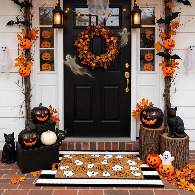 Moucuny 2 Pcs Halloween Coir Doormat Outdoor Cute Ghost Pumpkin Welcome Mat, Black and White Stripe Rug Halloween Outdoor Doormat for Front Door Porch Entryway Decor, 16'' x 28'', 24'' x 35''
