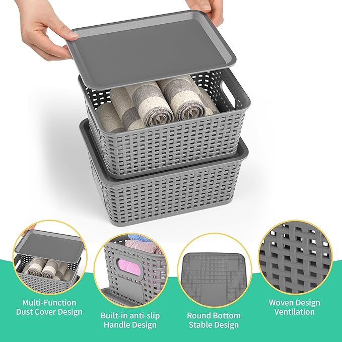 8 Pack Plastic Storage Baskets,Grey Stackable Bins with Lid | 5.3qt Storage Containers with Labels for Organizing Shelves Drawers Desktop Closet Playroom Classroom Office