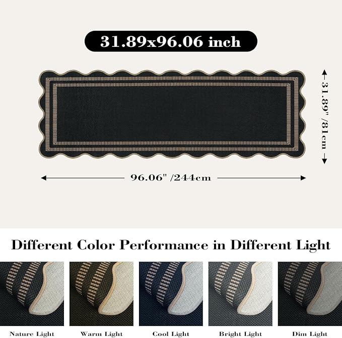 Scalloped 2.6x8 Kitchen Runner Rug, Washable Rugs for Entryway Non Slip Outdoor Indoor Black Long Rug, Farmhouse Morden Carpet for Hallway Bedroom