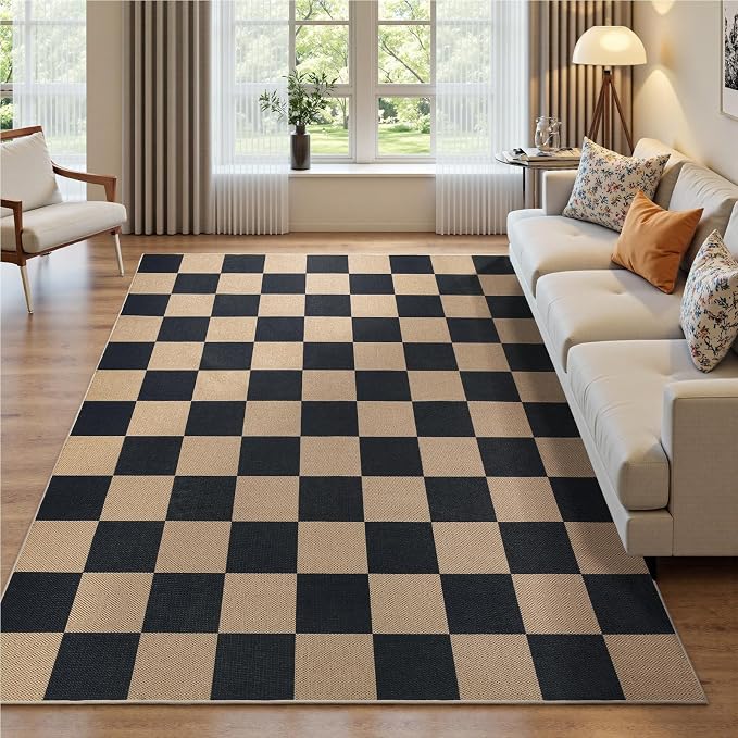 EDIMENS Checkered Easy Jute 5x7 Outdoor Rug Washable Living Room Area Rugs | Black Non Slip Outdoor Patio Rug Diamond Indoor Black Farmhouse Geometric Carpet for Backyard Front Porch Balcony