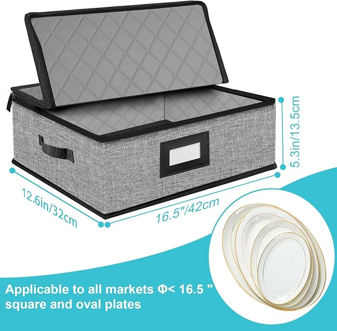 Quilted Platter Storage Case,Fine China Storage Containers | Stackable Plate Storage Containers with Hard Shell and 4 Felt Dividers,dinnerware Storage,Moving Box,Moving Supplies