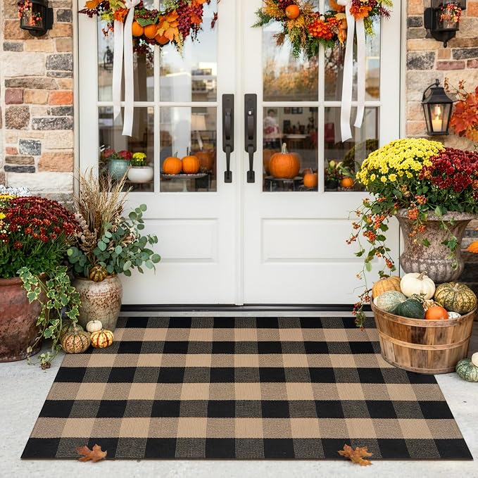 Uphome Bufflo Plaid Outdoor Rug 3'x5', Black Natural Checkered Front Door Mat for Fall Decor, Indoor Outdoor Farmhouse Cotton Porch Rug for Layered Door Mats, Washable Area Rugs for Entryway Kitchen