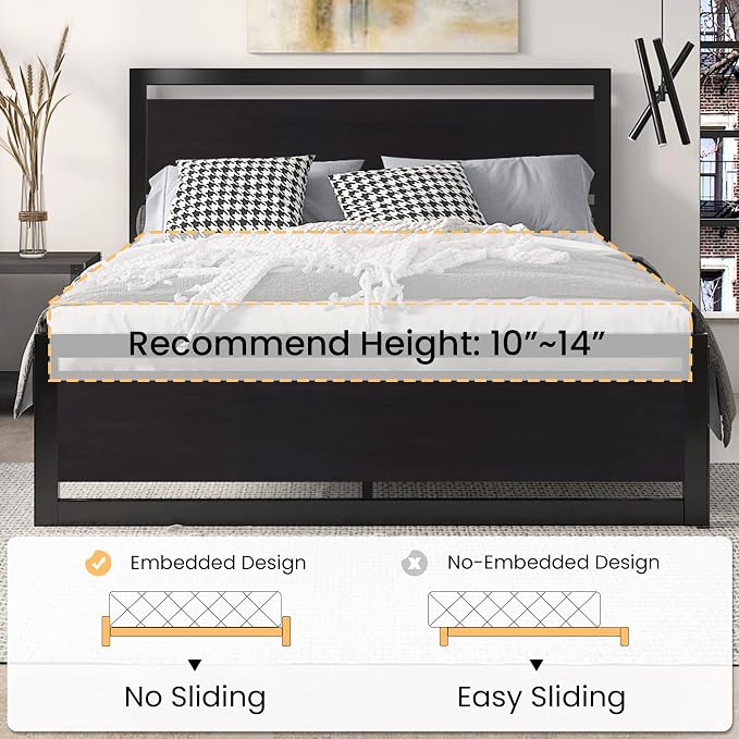 SHA CERLIN Heavy Duty Queen Size Bed Frame with Modern Headboard, Black | Platform Metal Base with Square Footboard and 13 Strong Slats Support, No Box Spring Needed