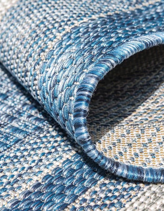 Unique Loom Outdoor Border Collection Area Rug - Soft Border (4' 1" Round, Blue/ Ivory)