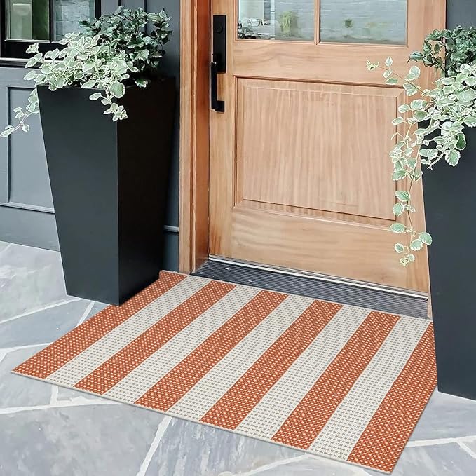 OJIA Front Door Mat 24"x36" Cotton Woven Washable Striped Porch Rug Indoor Outdoor Doormat Small Outdoor Rugs Farmhouse Entry Kitchen Throw Rug for Layered Door Mats (Orange/White/Tan)
