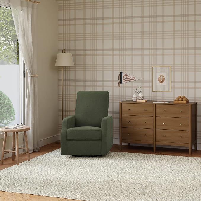 Davinci Lucas Pillowback Swivel Recliner in Cozy Olive Boucle, Greenguard Gold & CertiPUR-US Certified | GREENGUARD Gold Certified Nursery Recliner Chair w/ High Pillow-Back, Padded Arms & Bonus Lumbar Pillow - Manual, 360° Swivel