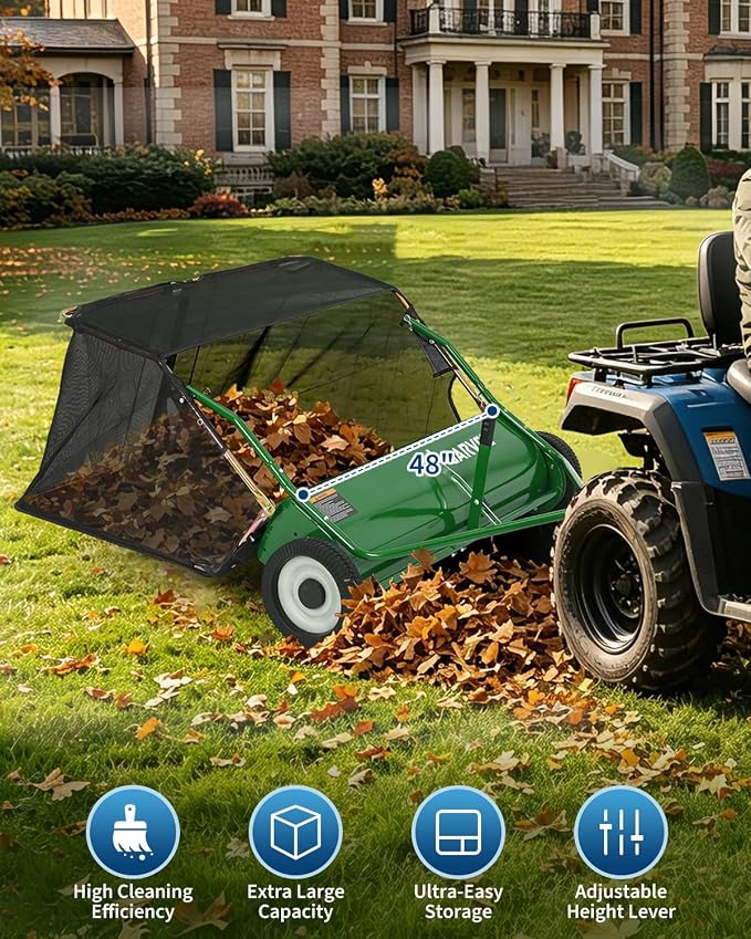 Garvee Tow Behind Lawn Sweeper 48 Inch, Heavy Duty Leaf & Grass Collector | Yard Sweeper Pull Behind,16 cu.ft. Leaf Collector,Tool-Free Adjustable Brush Height,Dumping Rope for Yard,Driveway,Sidewalk