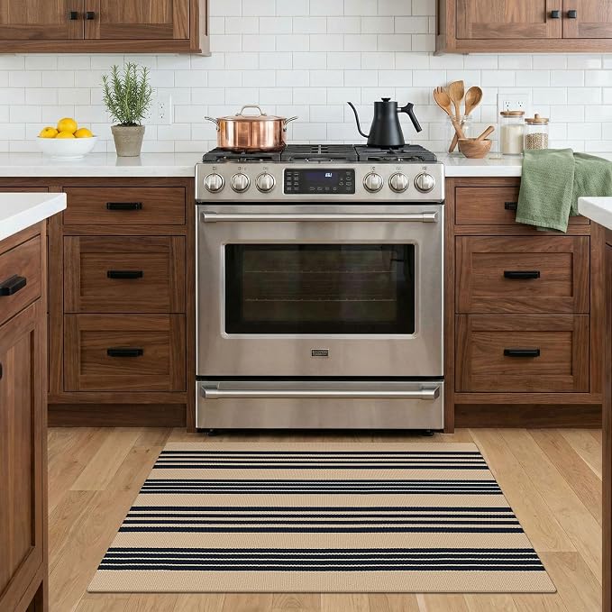 KOZYFLY Striped Rug 2x3 ft Front Door Mat Brown and Black Cotton Woven Washable Indoor Outdoor Rug for Entryway Porch Kitchen Patio Decor Small Area Rugs
