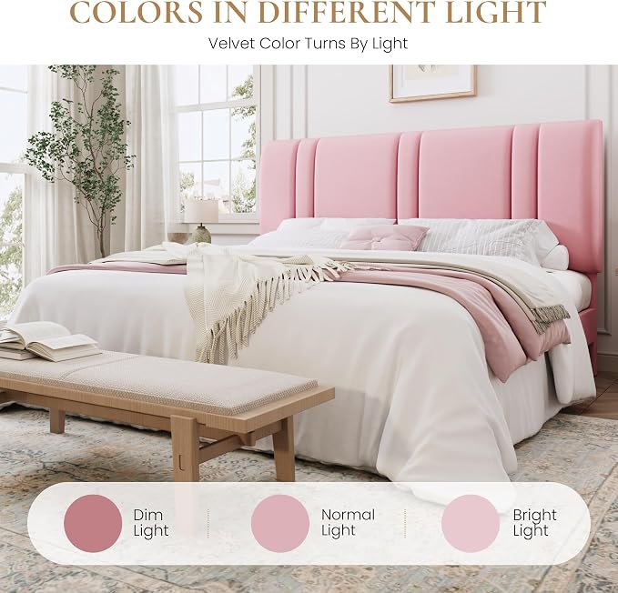 SHA CERLIN King Size Velvet Bed Frame with Adjustable Headboard, Pink | Vertical Channel Tufted Design, Upholstered Platform Bed, Wood Slats Support/No Box Spring Needed/Easy Assembly