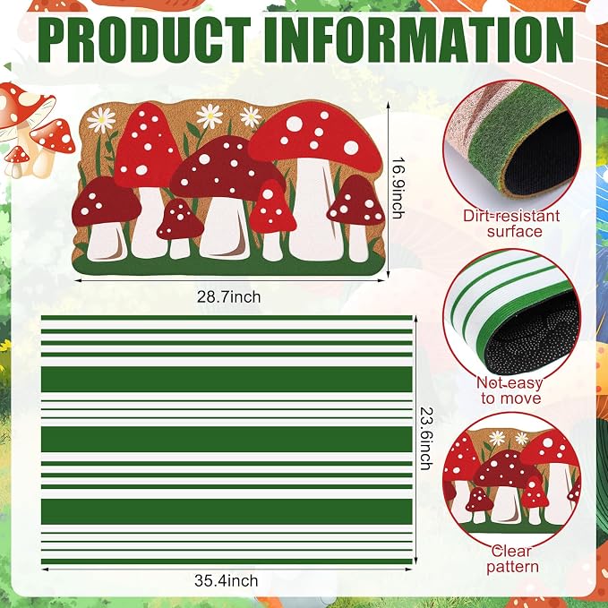 Tinideya 2 Pcs Mushroom Door Mat Welcome Non Slip Coir Mats Floor Layering Green and White Stripe Doormats Seasonal for Front Porch Entryway Decor(23.6 x 35.4 Inches, Mushroom, Green Red)