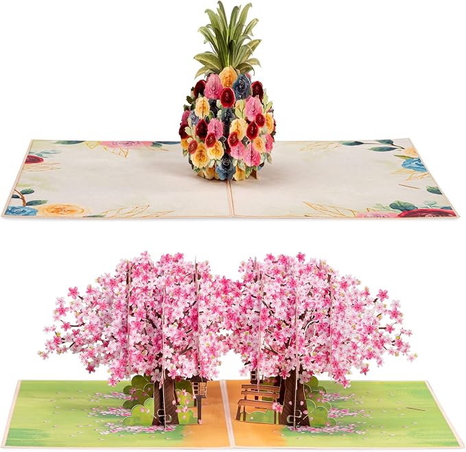 Paper Love Pop Up Cards 2 Pack - Includes 1 Floral Pineapple and 1 Cherry Blossom Park, For All Occasions, Mother Day, Birthday, Just Because- Includes Envelope and Note Tag