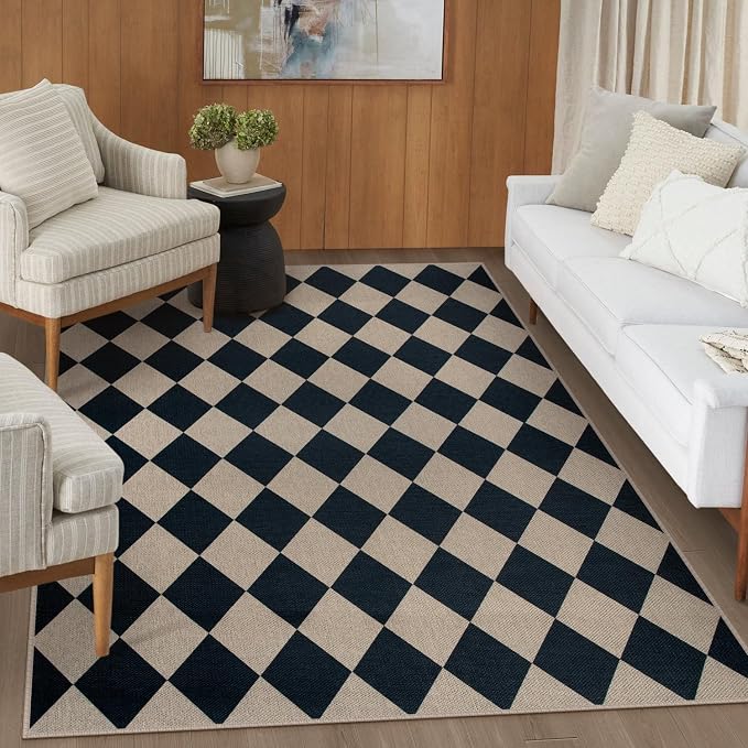 Rugalia Easy Jute 5x7 Outdoor Patio Rug, Washable Black Checkered Rugs for Living Room, Non-Slip Farmhouse Diamond Outdoor Mat Neutral Abstract Floor Carpet for Patio Dining Room Backyard