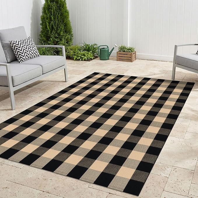 KILOCOCO Buffalo Plaid Checkered Rug 5x7 ft Living Room Rug Brown and Black | Machine Washable Rug for Front Porch, Indoor Outdoor Rugs, Cotton Dining Room Carpet, Low Pile Farmhouse Bedroom Rug