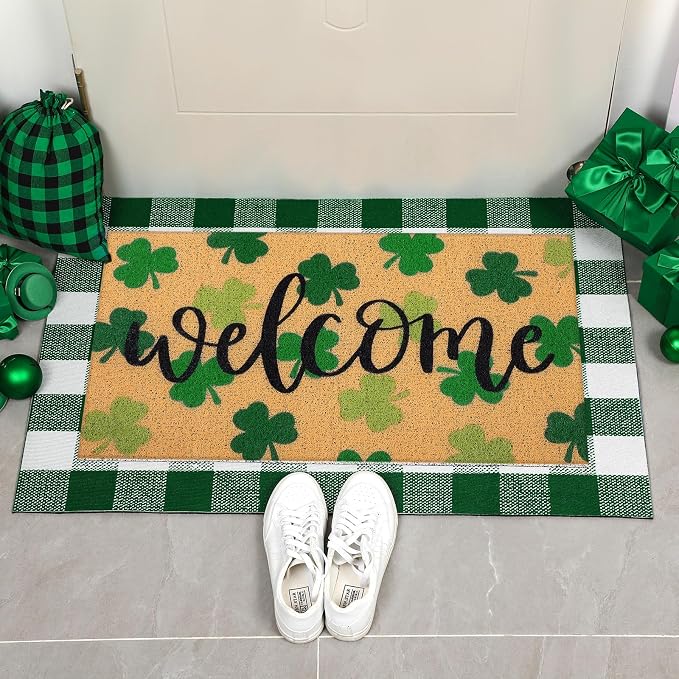 Tinideya 2 Pcs St. Patrick Day Door Mat Welcome Non Slip Coir Mats Clover Pattern Green White Plaid Floor Layering Doormats Seasonal for Front Porch Entryway Decor(st Patrick's Day)