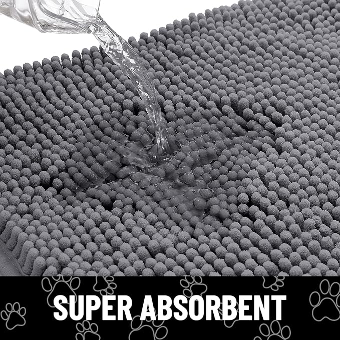 Smiry Dog Door Mat for Muddy Paws, Absorbent Dirt Trapper Non Slip Quick Dry Washable Chenille Mat for Mud Dogs, Entry Rug for Indoor and Outdoor (36x24 Inches, Dark Grey and Black)