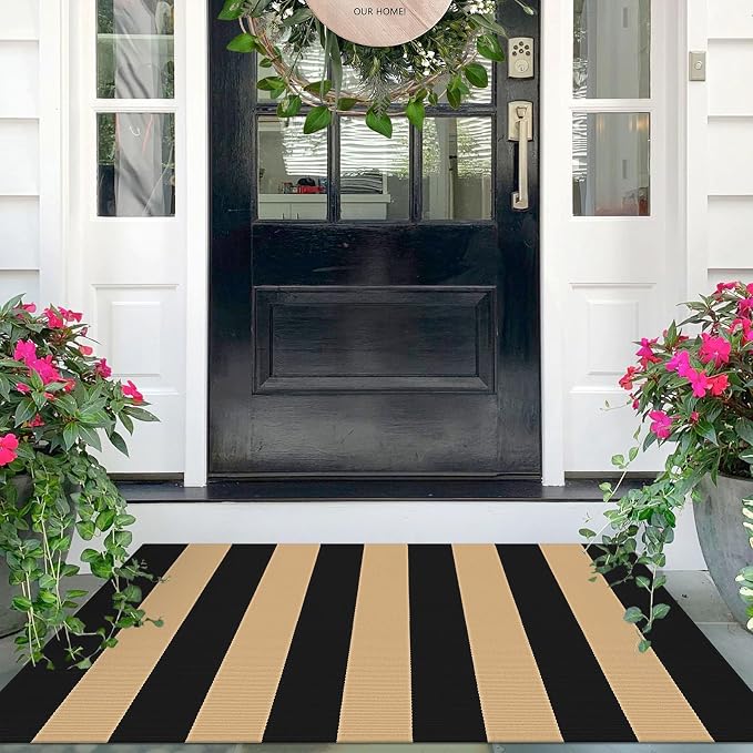 IOHOUZE Black Tan Striped Rug 27.5" X 43" Front Door Mats Outdoor, Washable Rug for Front Porch Decor, Spring Summer Welcome Mats Outdoor Indoor, Doormat for Farmhouse/Entryway/Home Entrance