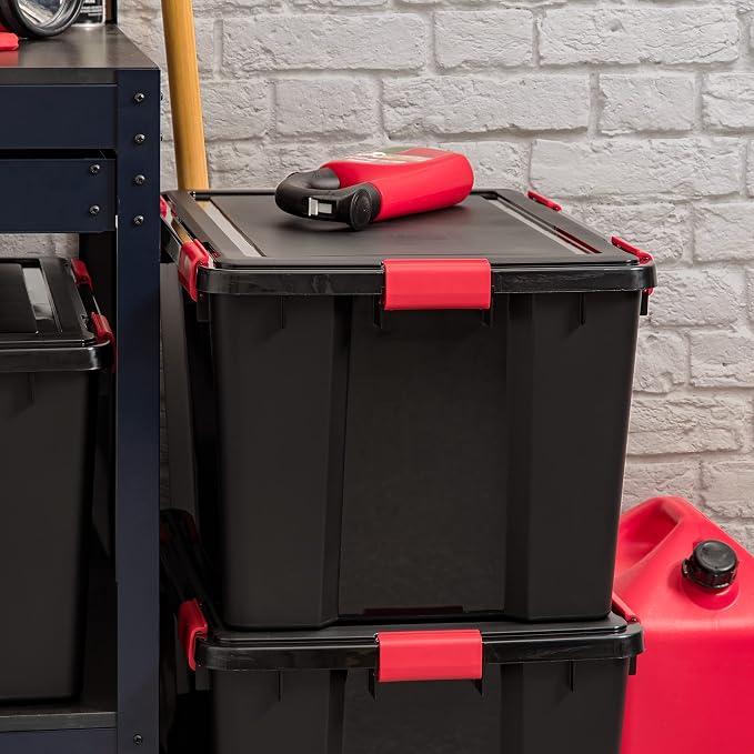 IRIS USA 4-Pack 74 Qt Storage Bins with Gasket Lids, Black/Red | WeatherPro seal helps protect bulky items for moving, garage, attic and basement storage