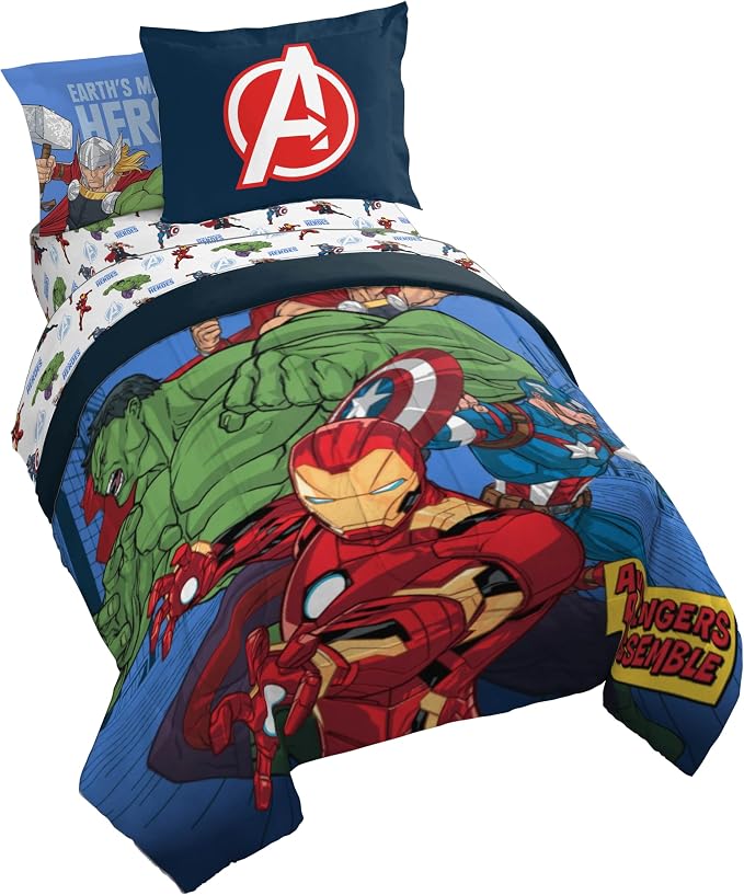 Jay Franco Kids Bed Set, Blue, Avengers, 7 Piece Full | Cozy Soft Bedding for Stylish Room Décor with Comforter, Sheets & Pillow Covers