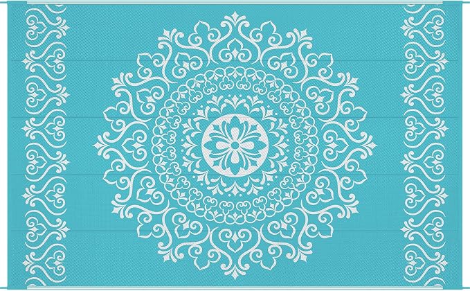 Pauwer Outdoor Rug 5x8, Waterproof Plastic Straw Camping Rug, Floral Teal | Reversible Patio Rug, UV Resistant Indoor Outdoor RV Mat Carpet For Deck, Camper, Porch, Balcony, Backyard, Picnic, Foldable