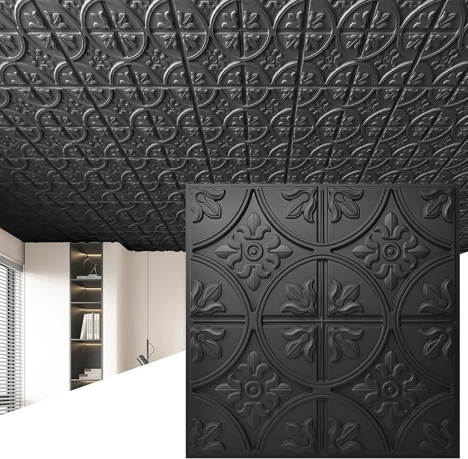 Art3d Drop Ceiling Tiles 24x24in. (12-Pack, 48 Sq.ft), Wainscoting Panels Glue Up 2ft x 2ft for Interior Décor in Living Room, Bedroom & Office, Star Black | PVC, Water Resistant, Shatterproof, Fade-Resistant, Compatible with Grid System, Versatile for...