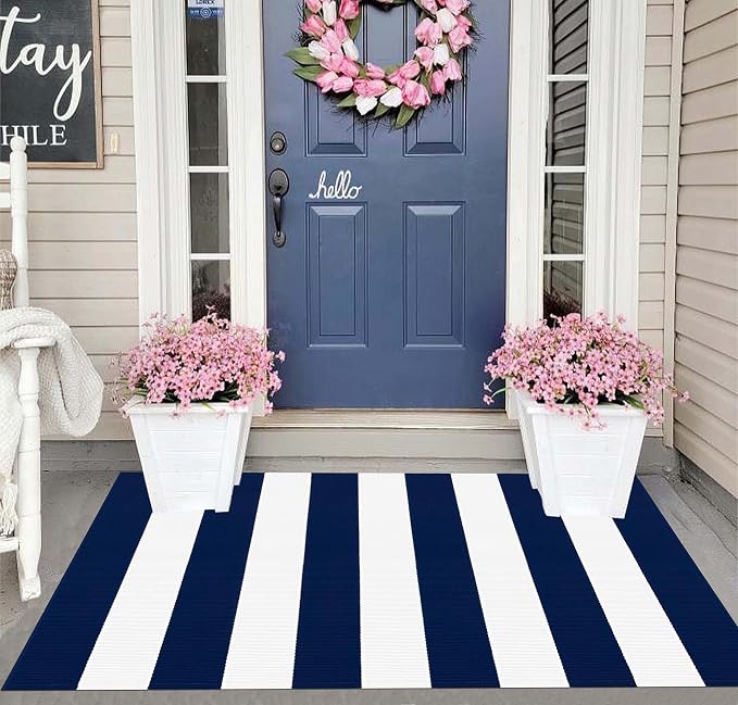 Blue and White Layered Doormat 2.3'x3.6,Machine Washable Porch Rug Cotton Woven Striped Farmhouse Small Area Rug for Porch/Home Entrace Decor/Bedroom/Layered Door Mats