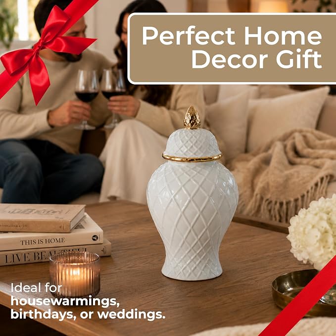 Decorative Ceramic Vase with Lid for Living Room and Home Decor - Elegant Flower Vase Accent for Room, Bedroom, or Office Display - Sculpted Table Accent for House Decoration - 15", White & Gold
