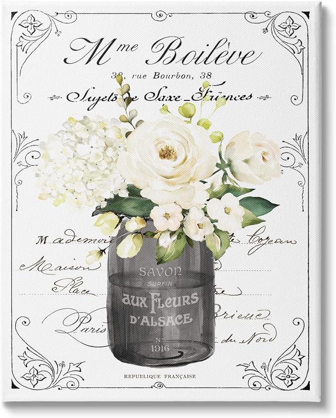 Vintage Parisian Floral Bathroom Bouquet, 30 x 40 Inch Canvas Wall Art | Stupell Industries · By Lettered and Lined · Ready to hang · Charming bath and laundry decor · Made in USA