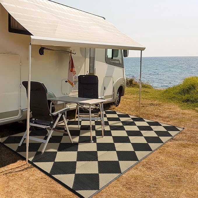 GarveeLife 8x10 Outdoor Rug for Patio Reversible, Plastic Straw Rug Waterproof Camping Rug Portable, Foldable Lightweight Mat for RV, Patio, Backyard, Deck, Picnic, Beach (Black/Offee)