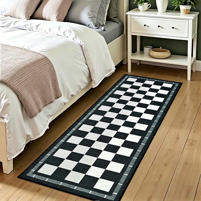 Jute Checkered Runner Rug, 2x6 Outdoor Runner Rugs, Washable Hallway Runner | Farmhouse Runner Carpet Non-Slip Kitchen Mat, Modern Checkerboard Indoor Outdoor Carpets for Porch Laundry, Black and White