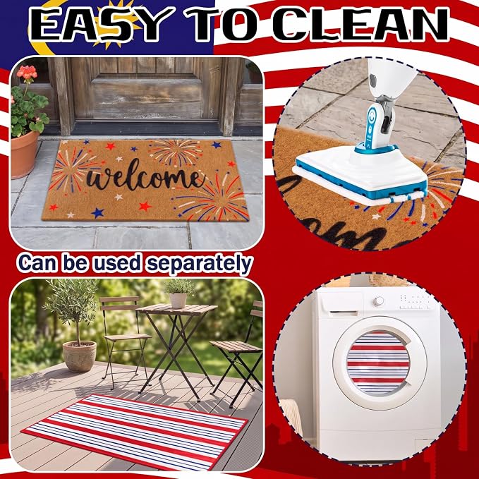 Moucuny 2 Pcs 4th of July Coir Door Mat Outdoor, Patriotic Non-Slip Decor