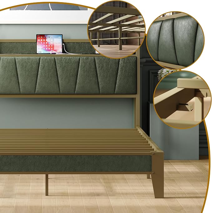 LIKIMIO Queen Bed Frame, Storage Headboard with Charging Station, Solid and Stable, Noise Free, No Box Spring Needed, Easy Assembly (Dark Green)