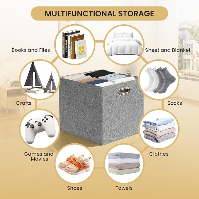 Posprica 3X Thicker Collapsible Storage Bins,13×15x13 Foldable Storage Cube Boxes Fabric Drawer for Closet Shelf Cabinet Bookcase, set of 4 (Gray-1200D)