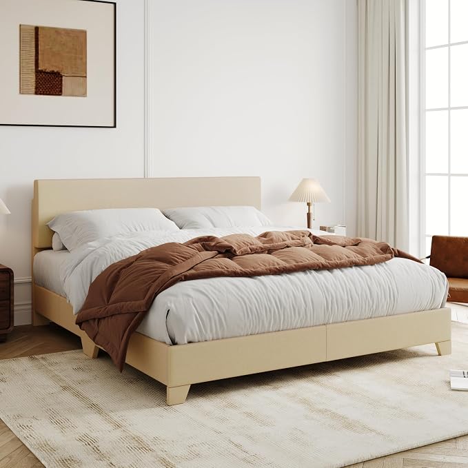 Allewie Full Size Upholstered Bed Frame Adjustable Headboard, Beige | Platform Bed with Heavy Duty Mattress Foundation, Noise-Free, Easy Assembly, Wood Slat Support, No Box Spring Needed