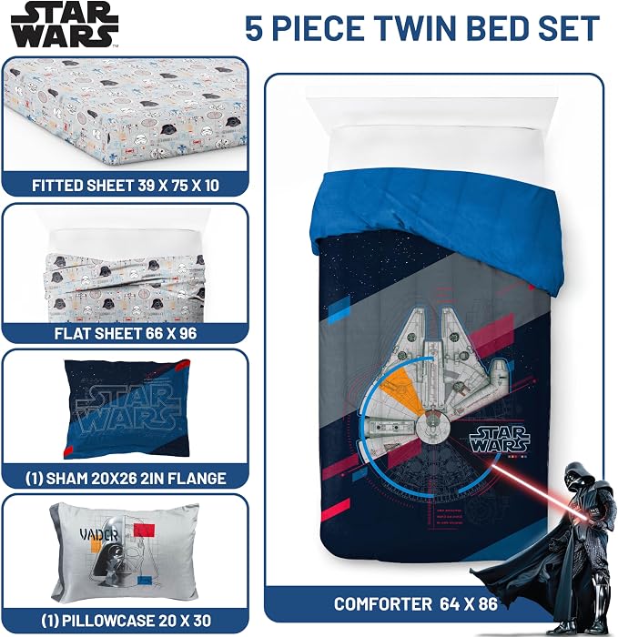 Star Wars Twin Comforter Set 5 Piece Soft Bedding for Boys, Dark Blue | Bed in a Bag, Comforter Sheets Sham Pillowcase, Official Product, Soft Microfiber, Machine Washable, Easy Care, Boys Gift