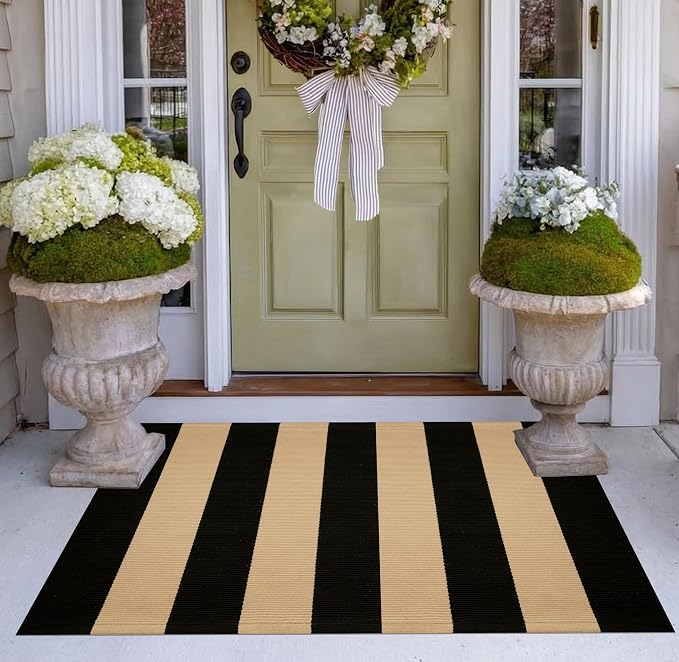 Black and Tan Layered Doormat,2x3 ft Striped Small Outdoor Rug Cotton Woven Washable Farmhouse Layered Door Mats for Entryway/Porch Decor/Kitchen/Home Entrance