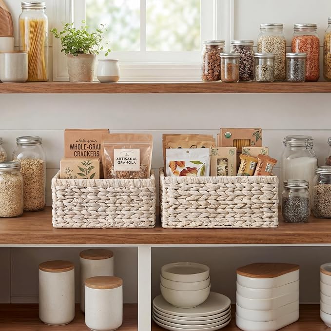 StorageWorks Large Wicker Baskets for Storage,White Wicker Baskets,2-Pack | Water Hyacinth Storage Baskets for Organizing,Wicker Storage Baskets for Shelves,Pantry Organizers and Storage,Woven Baskets