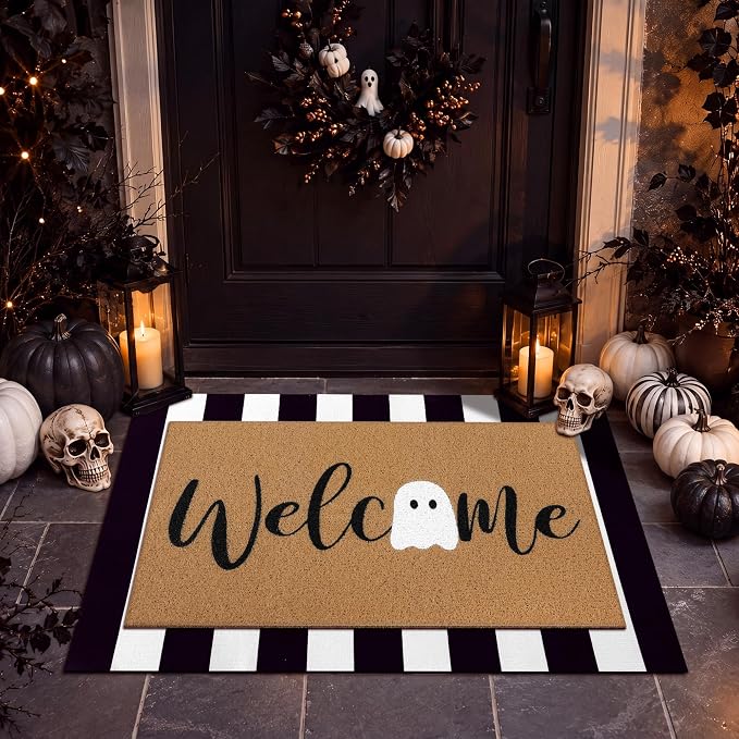 Tinideya 2 Pcs Halloween Welcome Mats for Front Door, Ghost Welcome Mat with Black White Buffalo Plaid Rug, Layered Doormat Set for Front Porch Entryway Outdoor Fall Decor