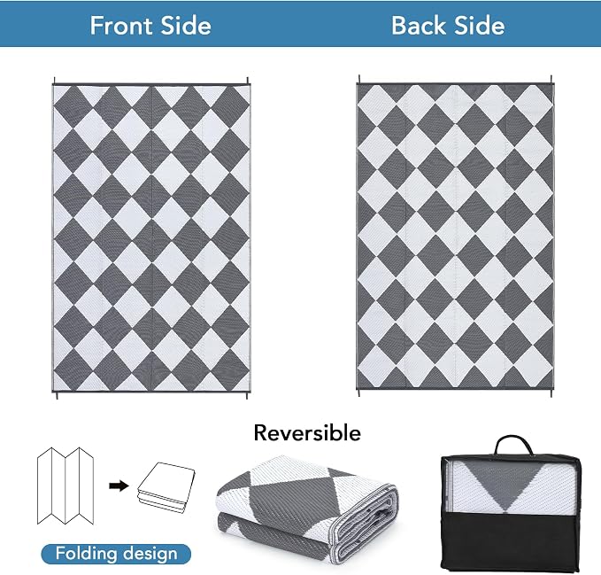 GarveeLife 9x18 Outdoor Rug for Patio Reversible, Plastic Straw Rug Waterproof Camping Rug Portable, Foldable Lightweight Mat for RV, Patio, Backyard, Deck, Picnic, Beach (Grey/White)