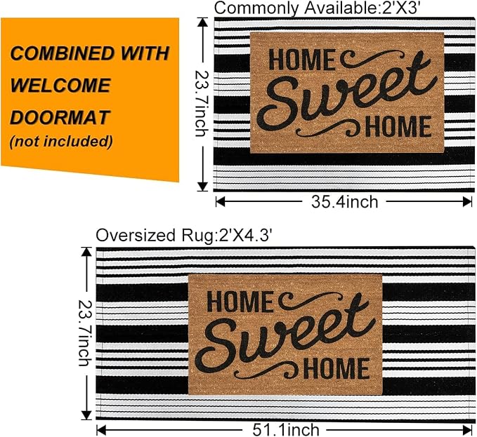 Striped Outdoor Rug 24'' x 51''Black and White Front Porch Mat, Cotton Washable Woven Layered Doormats for Entryway Bedroom