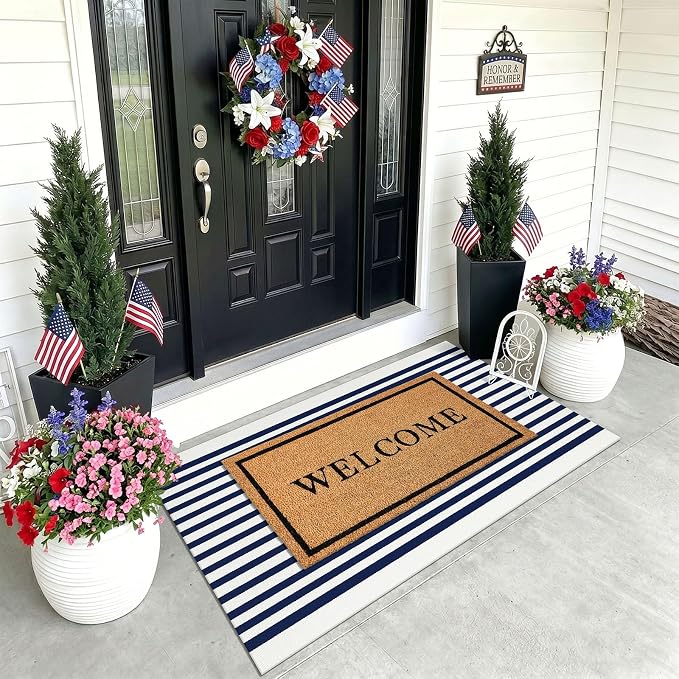KOZYFLY Striped Rug 3x5 Front Door Rugs Blue White Cotton Woven Washable Indoor Outdoor Rug Entrance Doormat for Front Porch Kitchen Patio Independence Day Decor