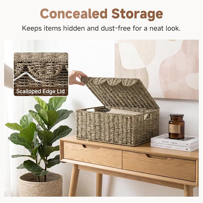 StorageWorks Wicker Basket with Lid, Scalloped Edge Woven Basket, Seagrass Storage Baskets with Lid, Scalloped Baskets for Shelves, Decorative Storage Boxes, 16½" L X 13" W X 7½" H